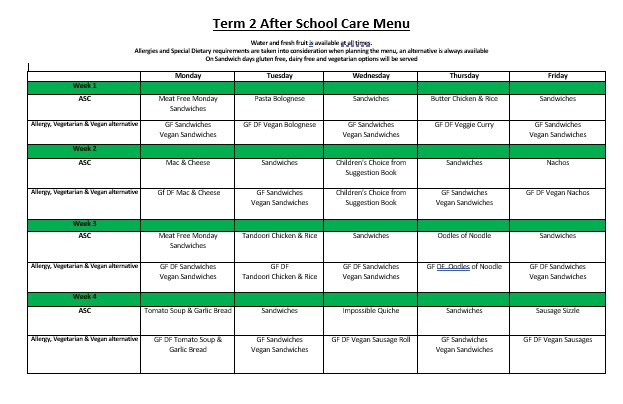 After School Care menu, Term 2 2026