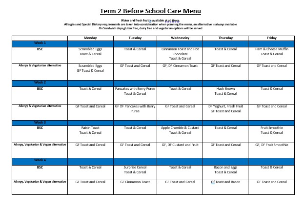 Before School Care menu, Term 2 2026